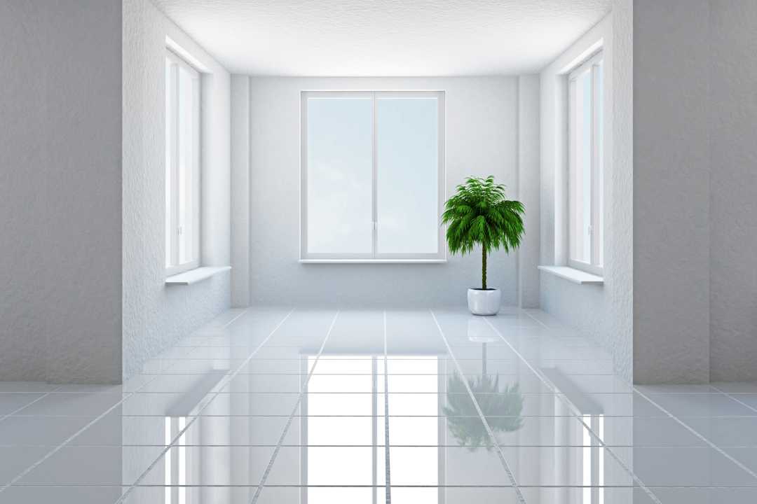 Polished white tile flooring